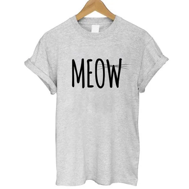100% Cotton Meow Print Women Cat Casual Funny Shirt Top Tee Hipster T-Shirt