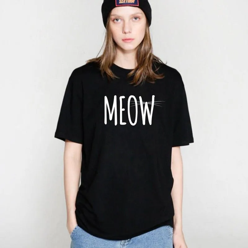 100% Cotton Meow Print Women Cat Casual Funny Shirt Top Tee Hipster T-Shirt