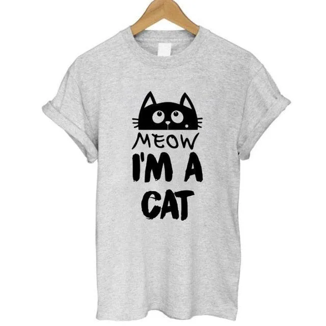 100% Cotton Meow Print Women Cat Casual Funny Shirt Top Tee Hipster T-Shirt