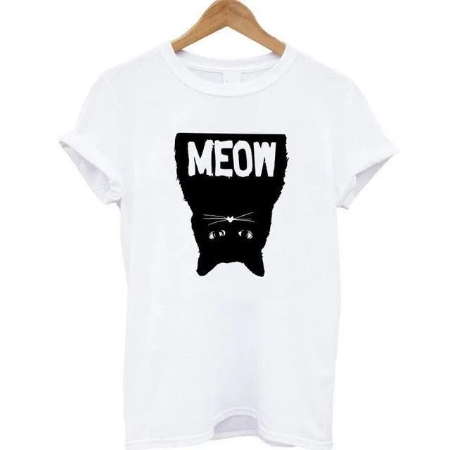 100% Cotton Meow Print Women Cat Casual Funny Shirt Top Tee Hipster T-Shirt