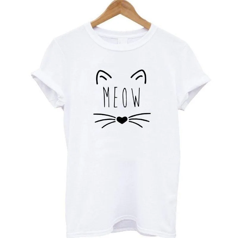 100% Cotton Meow Print Women Cat Casual Funny Shirt Top Tee Hipster T-Shirt
