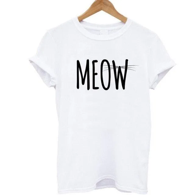 100% Cotton Meow Print Women Cat Casual Funny Shirt Top Tee Hipster T-Shirt