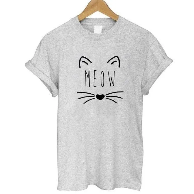 100% Cotton Meow Print Women Cat Casual Funny Shirt Top Tee Hipster T-Shirt