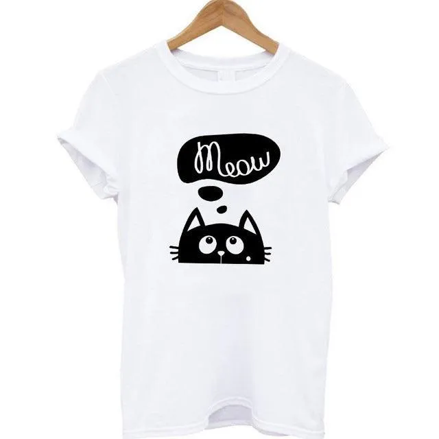 100% Cotton Meow Print Women Cat Casual Funny Shirt Top Tee Hipster T-Shirt