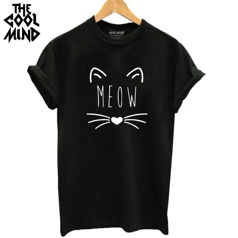 100% Cotton Meow Print Women Cat Casual Funny Shirt Top Tee Hipster T-Shirt