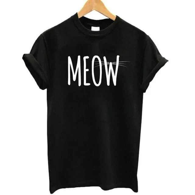 100% Cotton Meow Print Women Cat Casual Funny Shirt Top Tee Hipster T-Shirt
