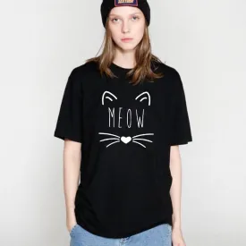 100% Cotton Meow Print Women Cat Casual Funny Shirt Top Tee Hipster T-Shirt