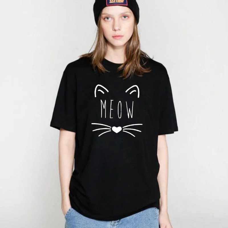 100% Cotton Meow Print Women Cat Casual Funny Shirt Top Tee Hipster T-Shirt