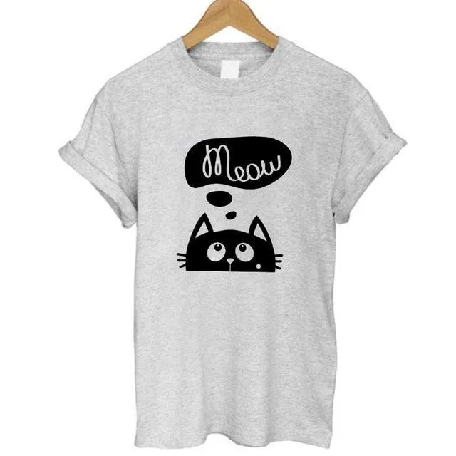 100% Cotton Meow Print Women Cat Casual Funny Shirt Top Tee Hipster T-Shirt