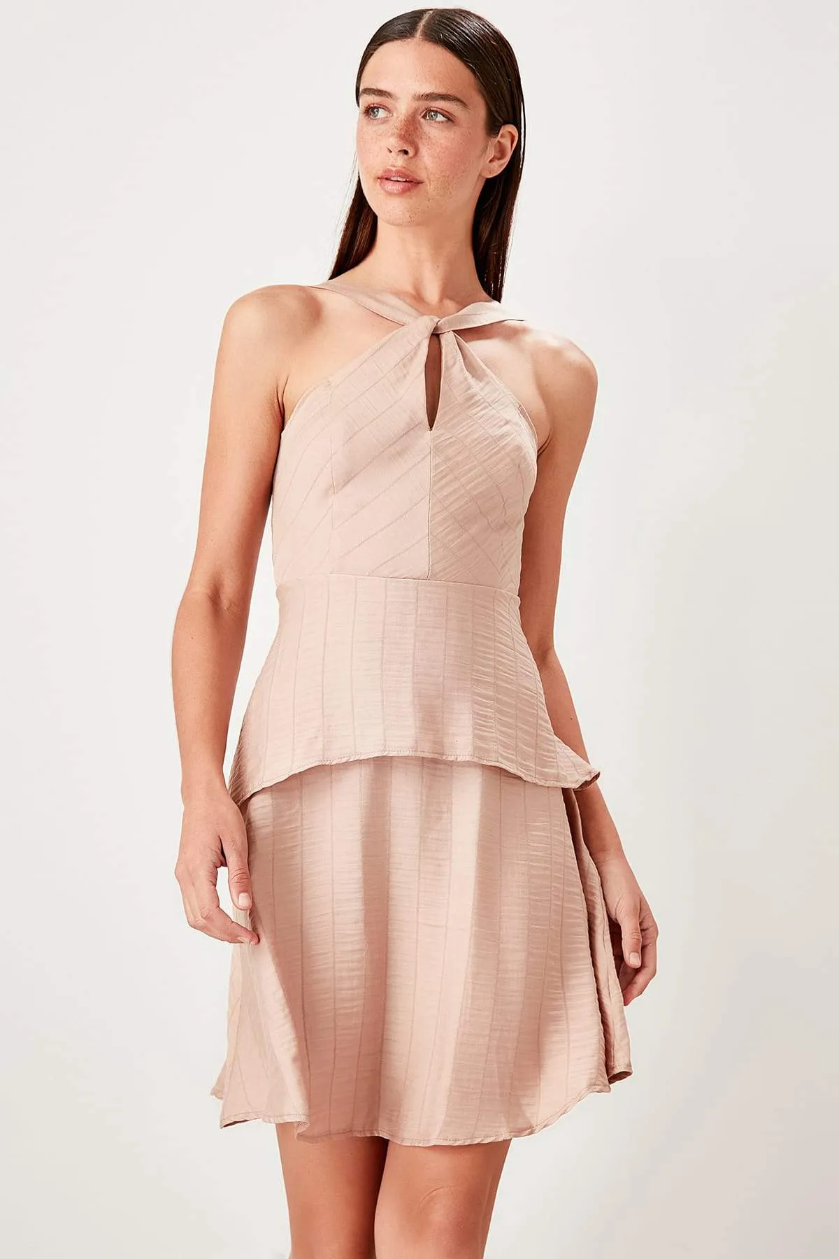 10901 Beige Halter Tiered Dress