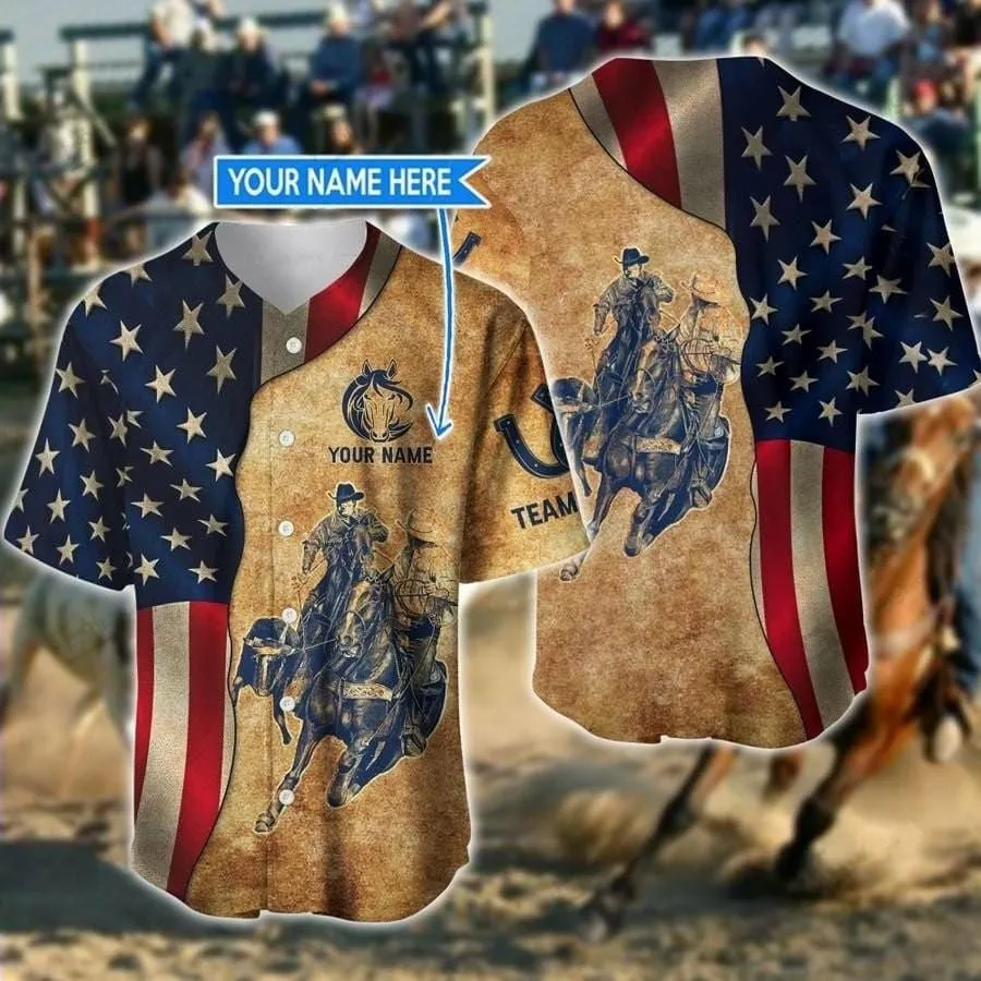 America Team Roping Vintage Personalized Baseball Jersey, Roping Rodeo Shirt For Him Her