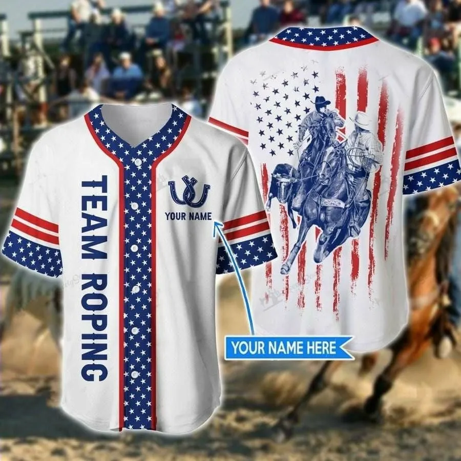 America Team Roping Vintage Personalized Baseball Jersey, Roping Rodeo Shirt For Him Her