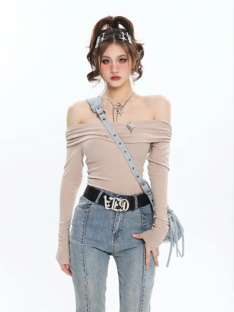 Ashanti Solid Color Off The Shoulder Long Sleeve Slim Bodysuit Top