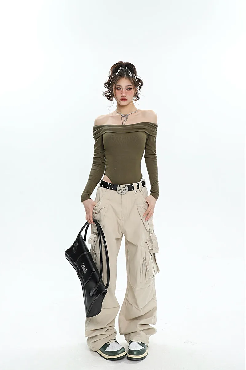 Ashanti Solid Color Off The Shoulder Long Sleeve Slim Bodysuit Top