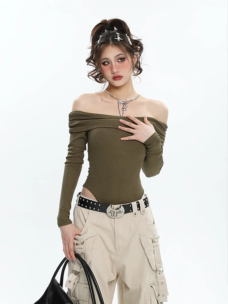 Ashanti Solid Color Off The Shoulder Long Sleeve Slim Bodysuit Top