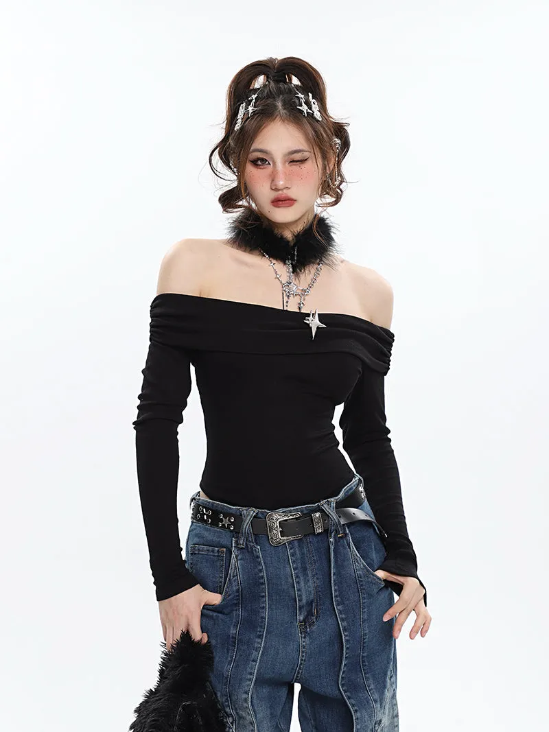 Ashanti Solid Color Off The Shoulder Long Sleeve Slim Bodysuit Top