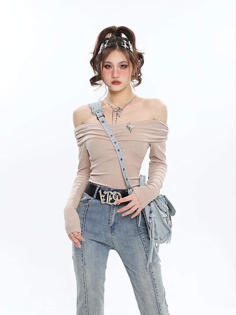 Ashanti Solid Color Off The Shoulder Long Sleeve Slim Bodysuit Top