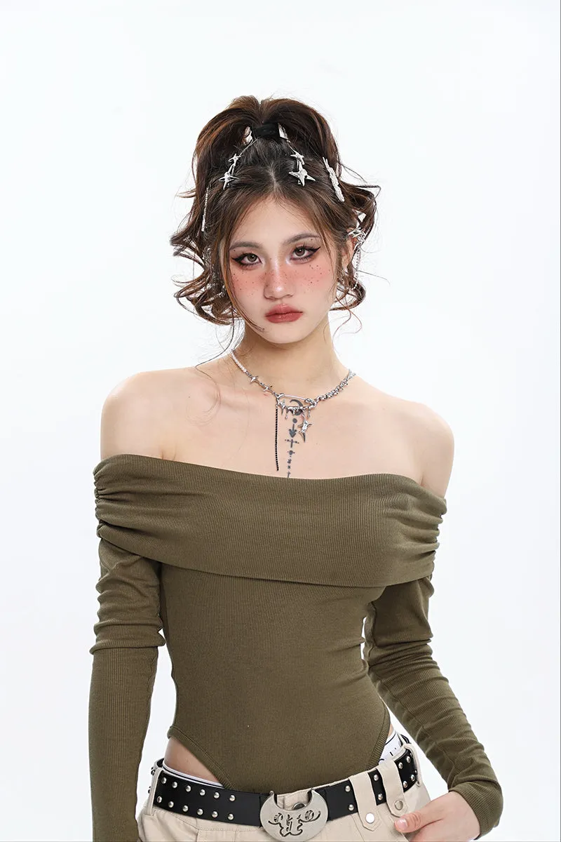 Ashanti Solid Color Off The Shoulder Long Sleeve Slim Bodysuit Top
