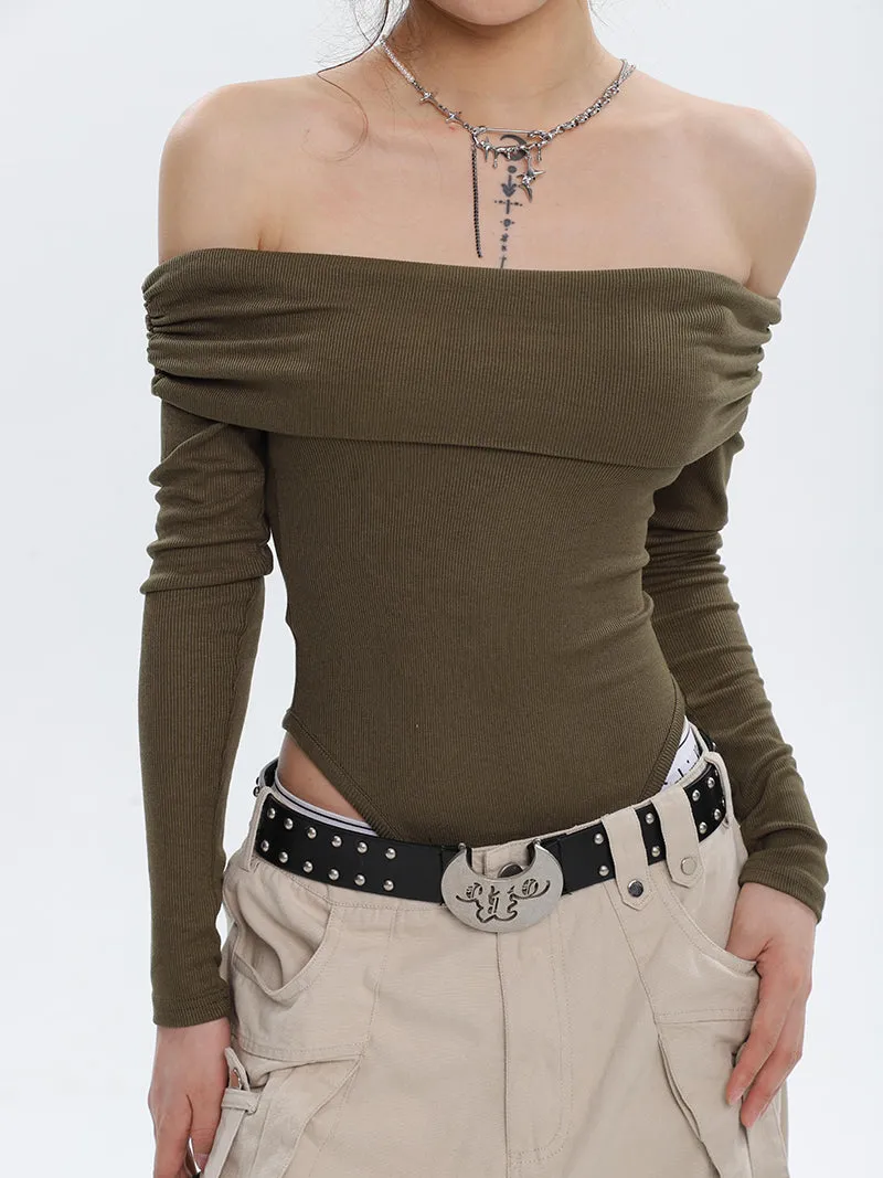 Ashanti Solid Color Off The Shoulder Long Sleeve Slim Bodysuit Top