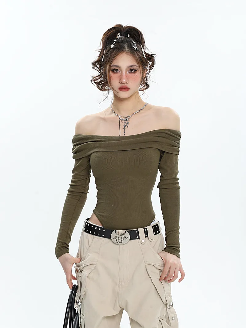 Ashanti Solid Color Off The Shoulder Long Sleeve Slim Bodysuit Top