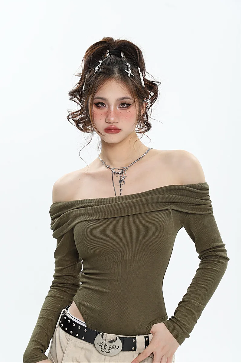 Ashanti Solid Color Off The Shoulder Long Sleeve Slim Bodysuit Top