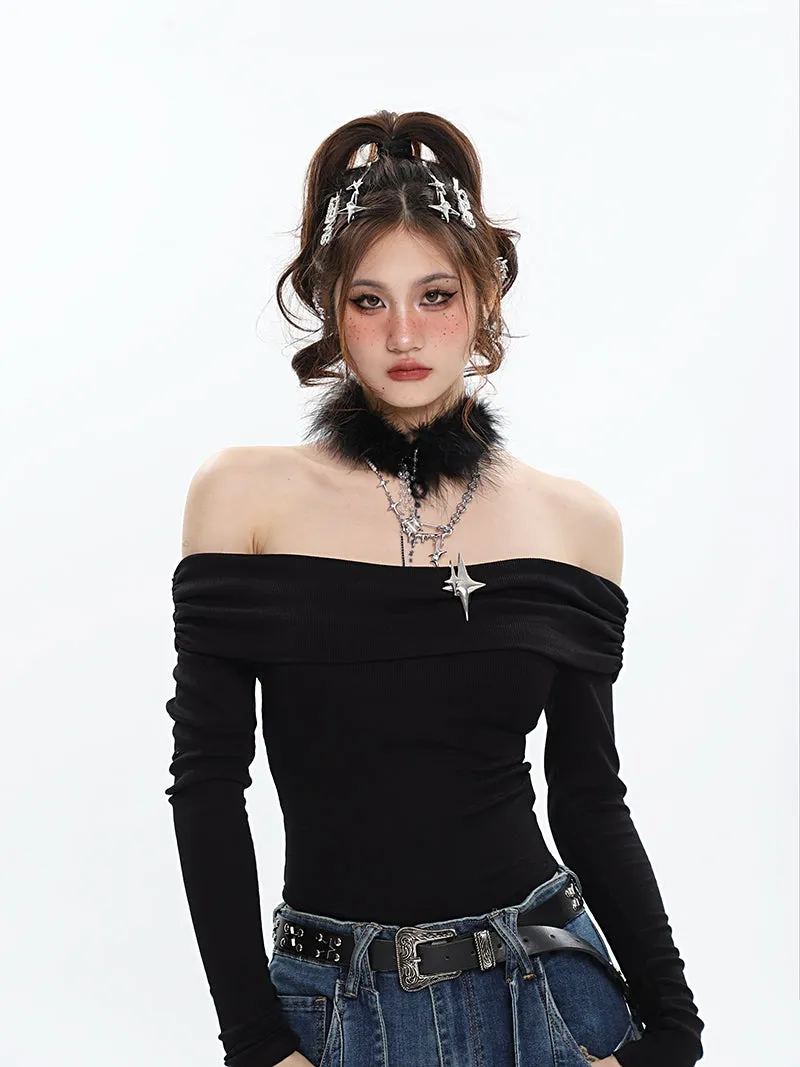 Ashanti Solid Color Off The Shoulder Long Sleeve Slim Bodysuit Top