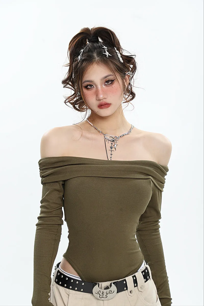 Ashanti Solid Color Off The Shoulder Long Sleeve Slim Bodysuit Top