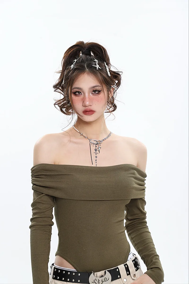 Ashanti Solid Color Off The Shoulder Long Sleeve Slim Bodysuit Top