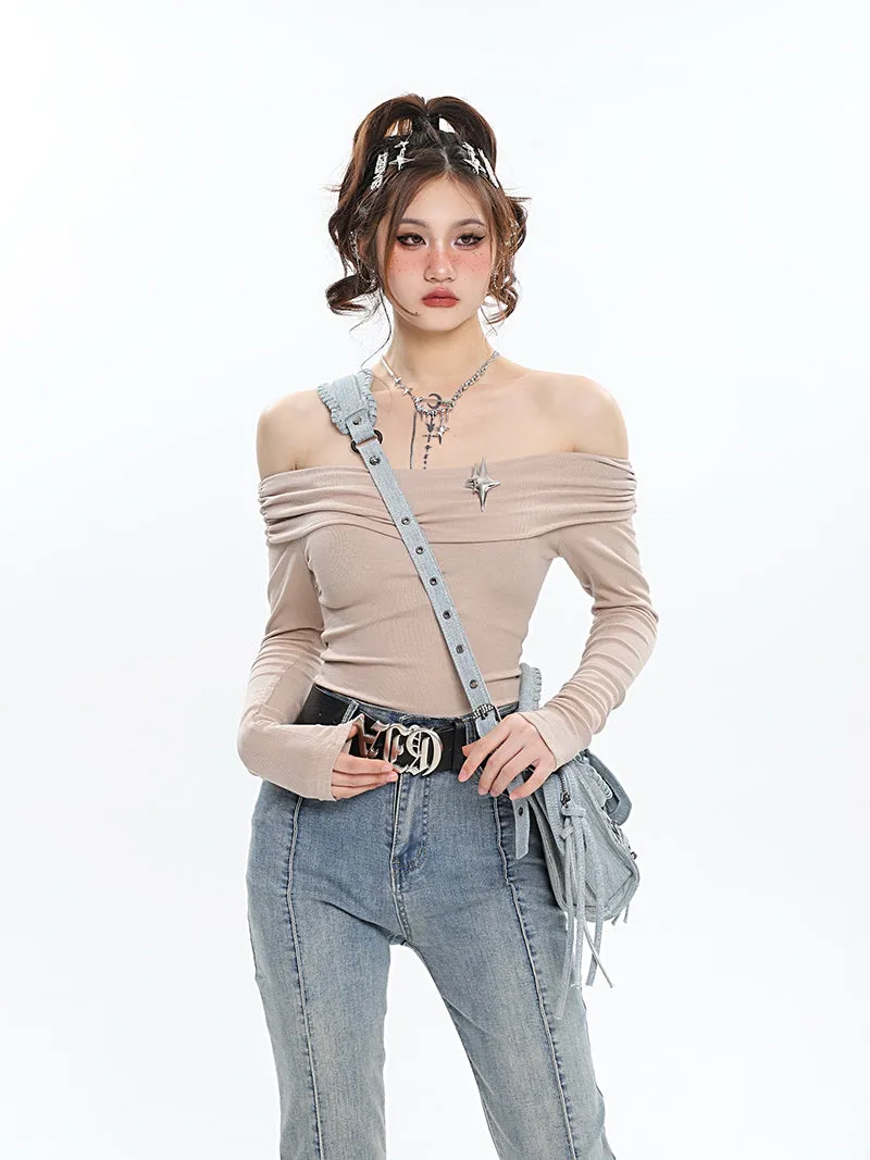 Ashanti Solid Color Off The Shoulder Long Sleeve Slim Bodysuit Top