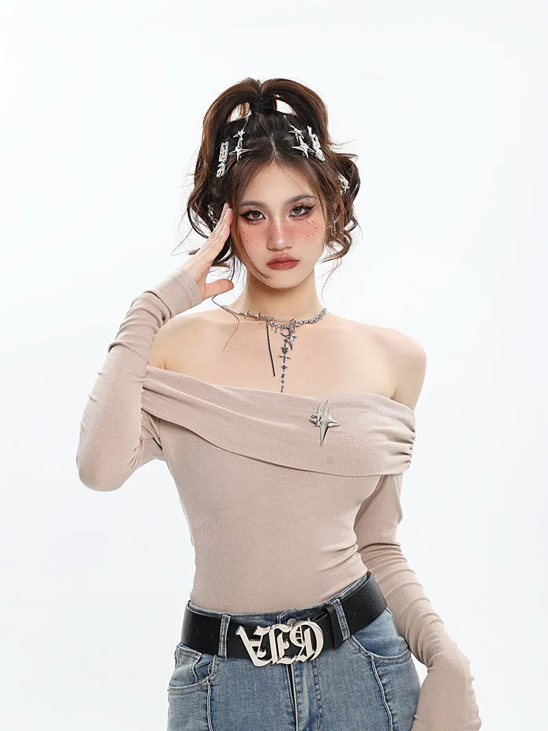Ashanti Solid Color Off The Shoulder Long Sleeve Slim Bodysuit Top