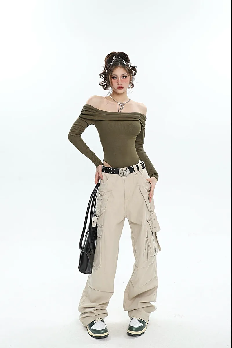 Ashanti Solid Color Off The Shoulder Long Sleeve Slim Bodysuit Top