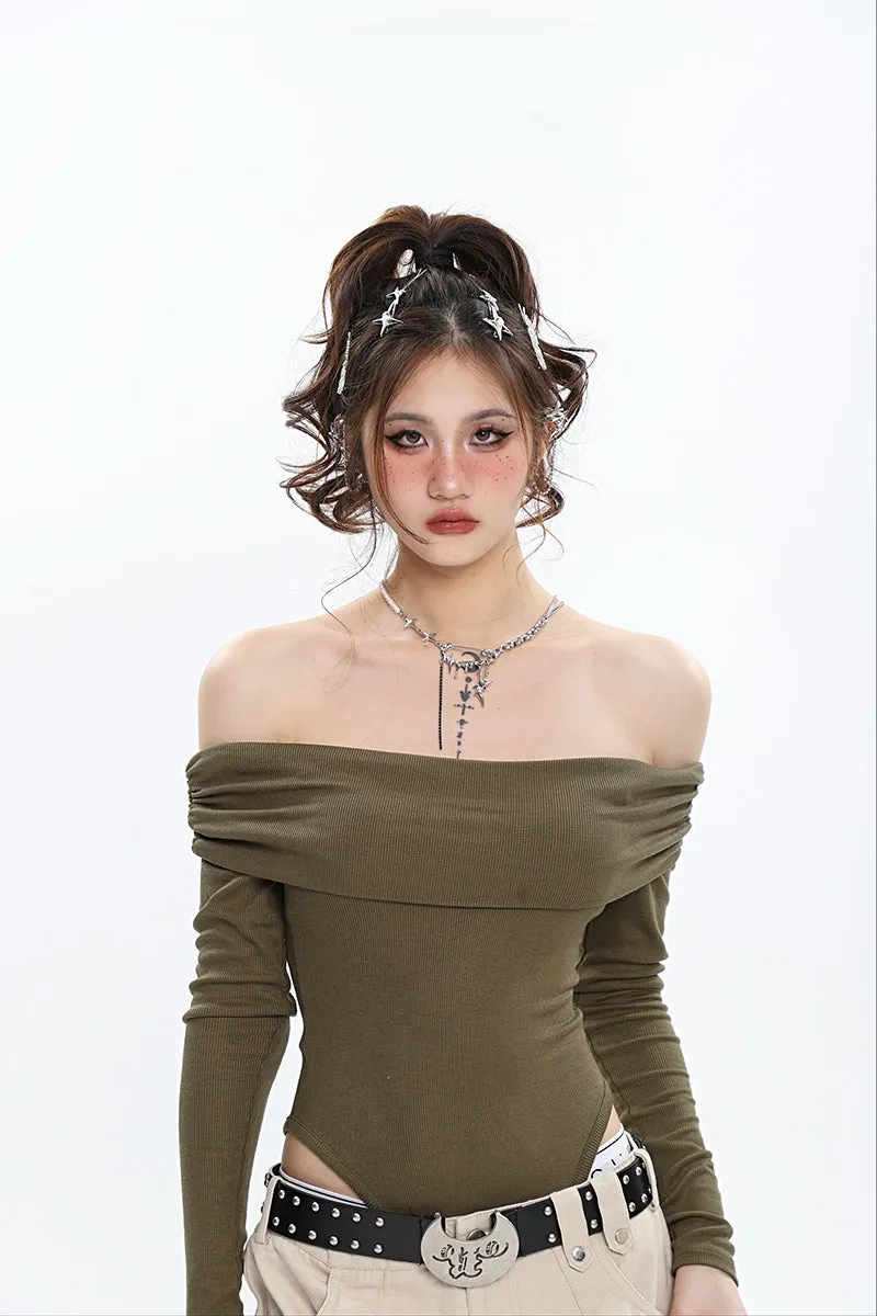 Ashanti Solid Color Off The Shoulder Long Sleeve Slim Bodysuit Top