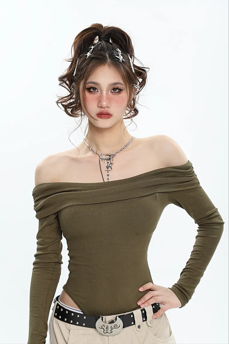 Ashanti Solid Color Off The Shoulder Long Sleeve Slim Bodysuit Top