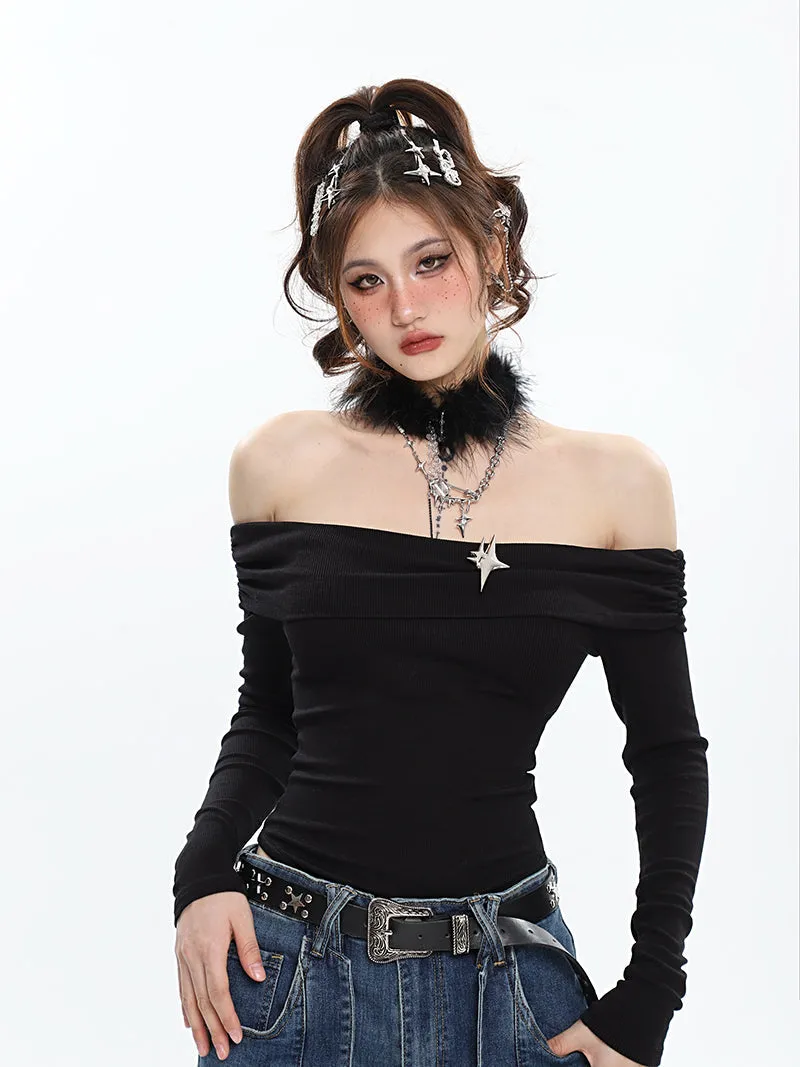 Ashanti Solid Color Off The Shoulder Long Sleeve Slim Bodysuit Top