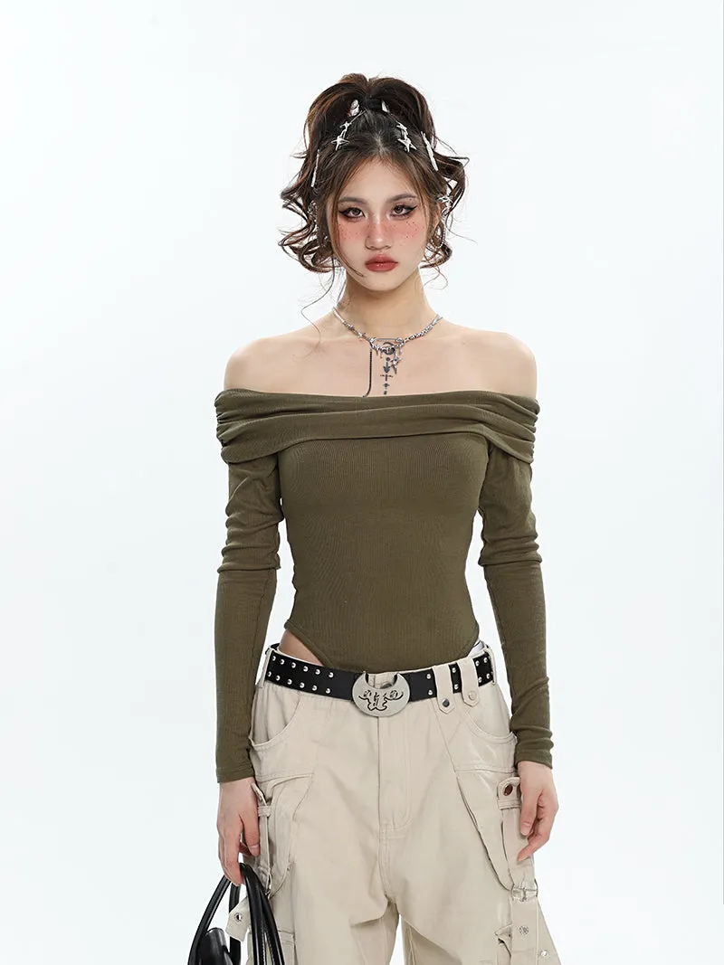 Ashanti Solid Color Off The Shoulder Long Sleeve Slim Bodysuit Top