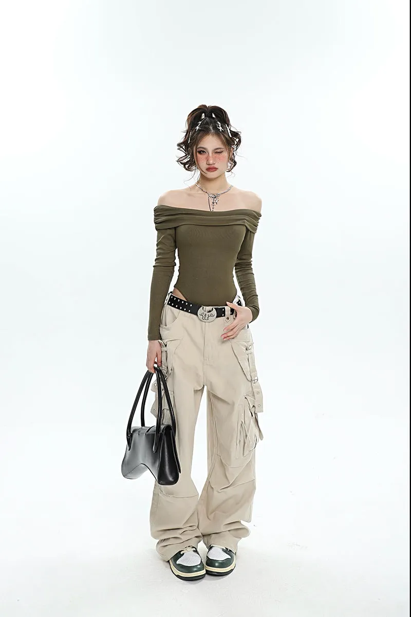 Ashanti Solid Color Off The Shoulder Long Sleeve Slim Bodysuit Top