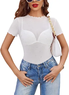 Avidlove Women Mesh Tops Short Sleeve Rhinestone Shirts Sheer Blouse Sexy Going Out Tops Sparkly Party Tops Summer