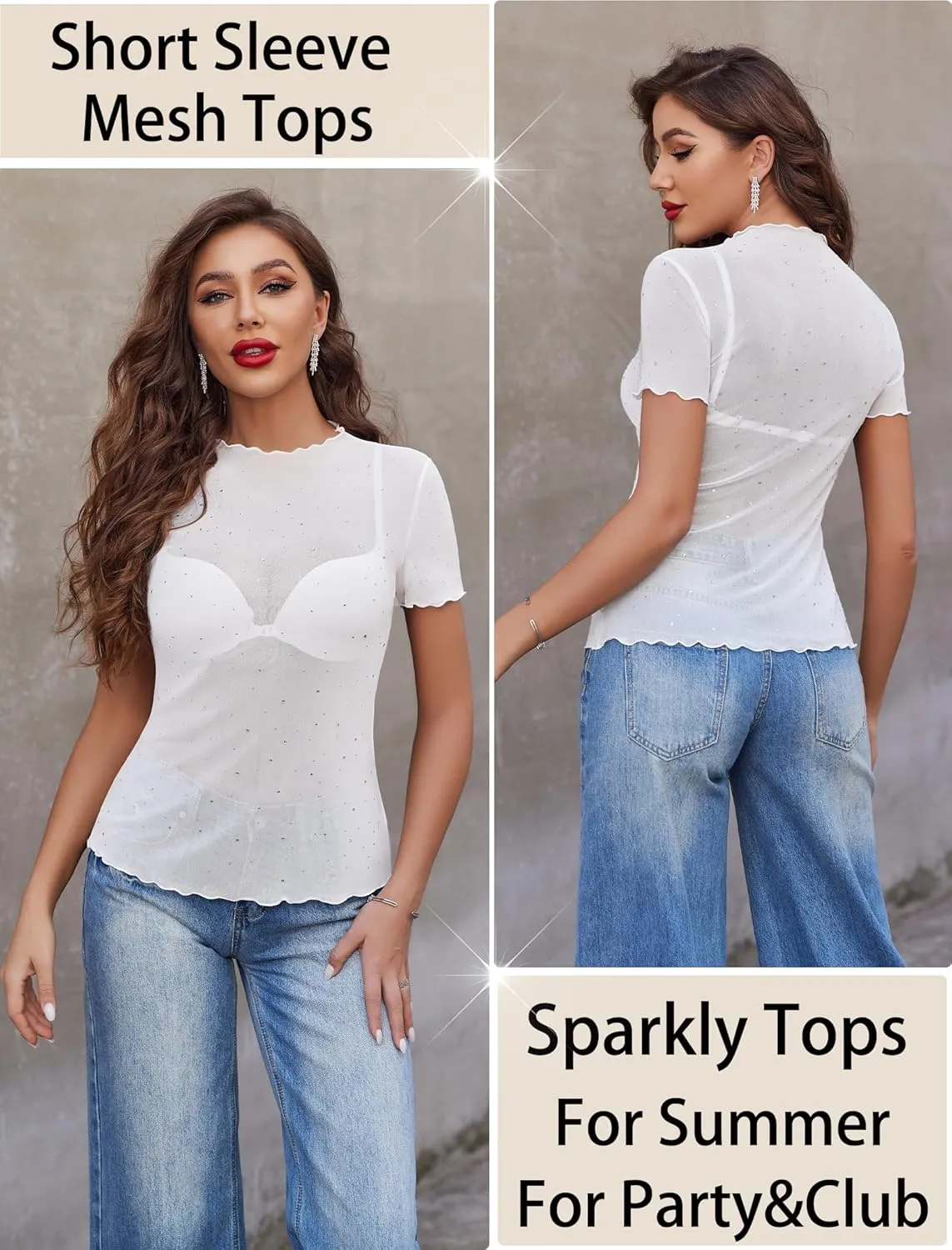 Avidlove Women Mesh Tops Short Sleeve Rhinestone Shirts Sheer Blouse Sexy Going Out Tops Sparkly Party Tops Summer