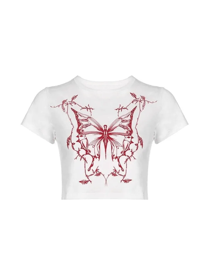 Butterfly Print White Crop Top