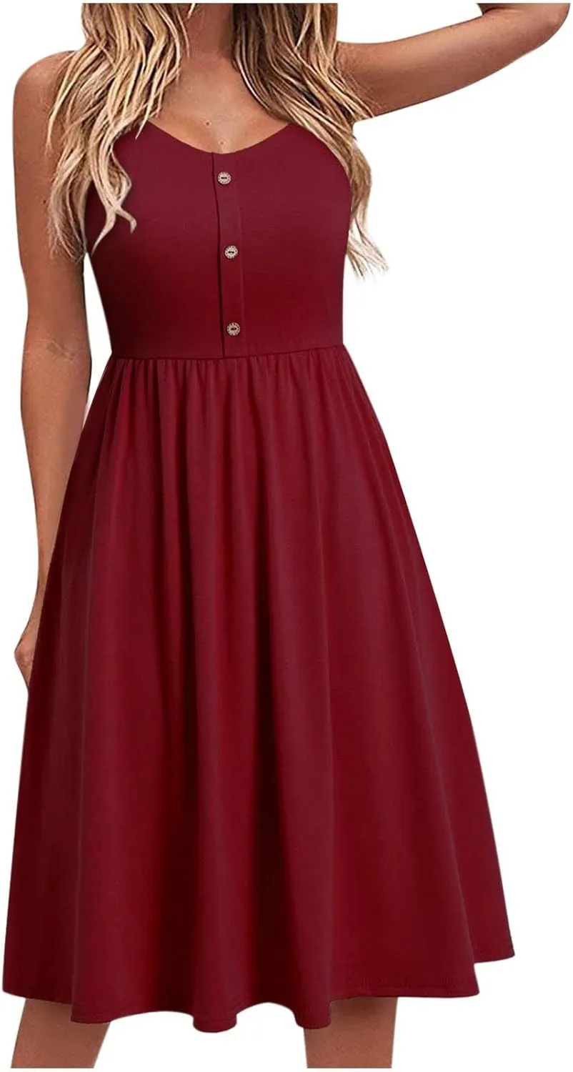 Button Front Midi Dress for Women Sleeveless Spaghetti Strap A Line Casual Summer Sundress Comfy Fit Everyday Style