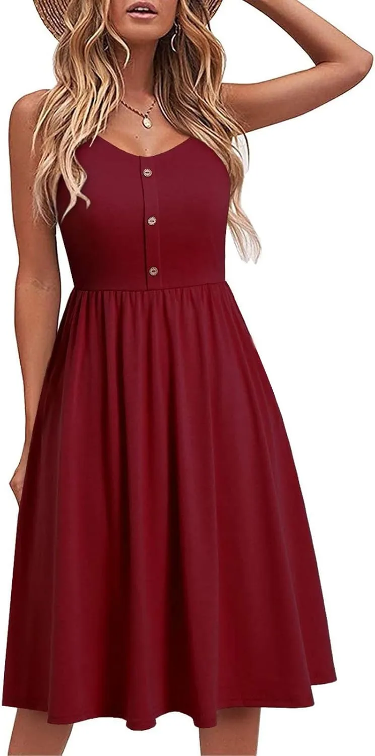 Button Front Midi Dress for Women Sleeveless Spaghetti Strap A Line Casual Summer Sundress Comfy Fit Everyday Style