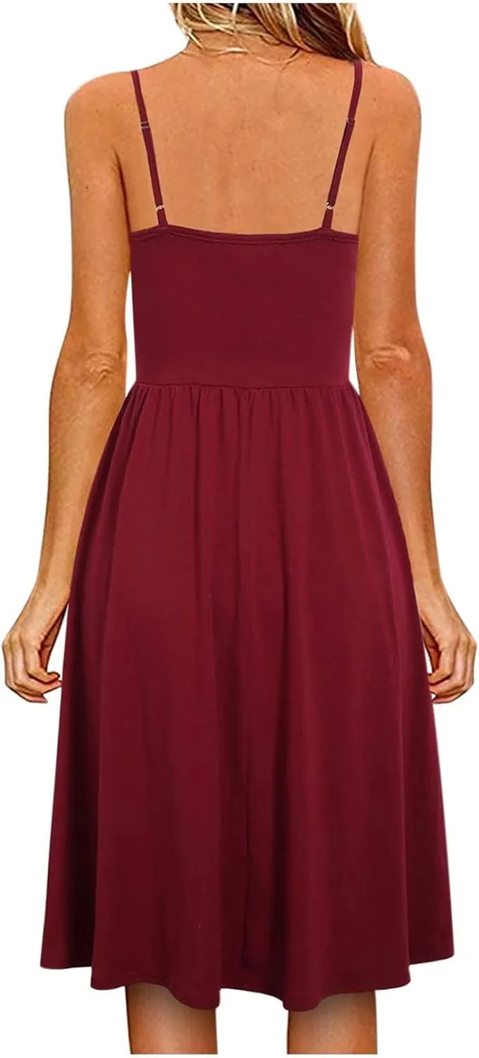 Button Front Midi Dress for Women Sleeveless Spaghetti Strap A Line Casual Summer Sundress Comfy Fit Everyday Style