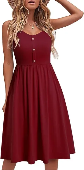 Button Front Midi Dress for Women Sleeveless Spaghetti Strap A Line Casual Summer Sundress Comfy Fit Everyday Style