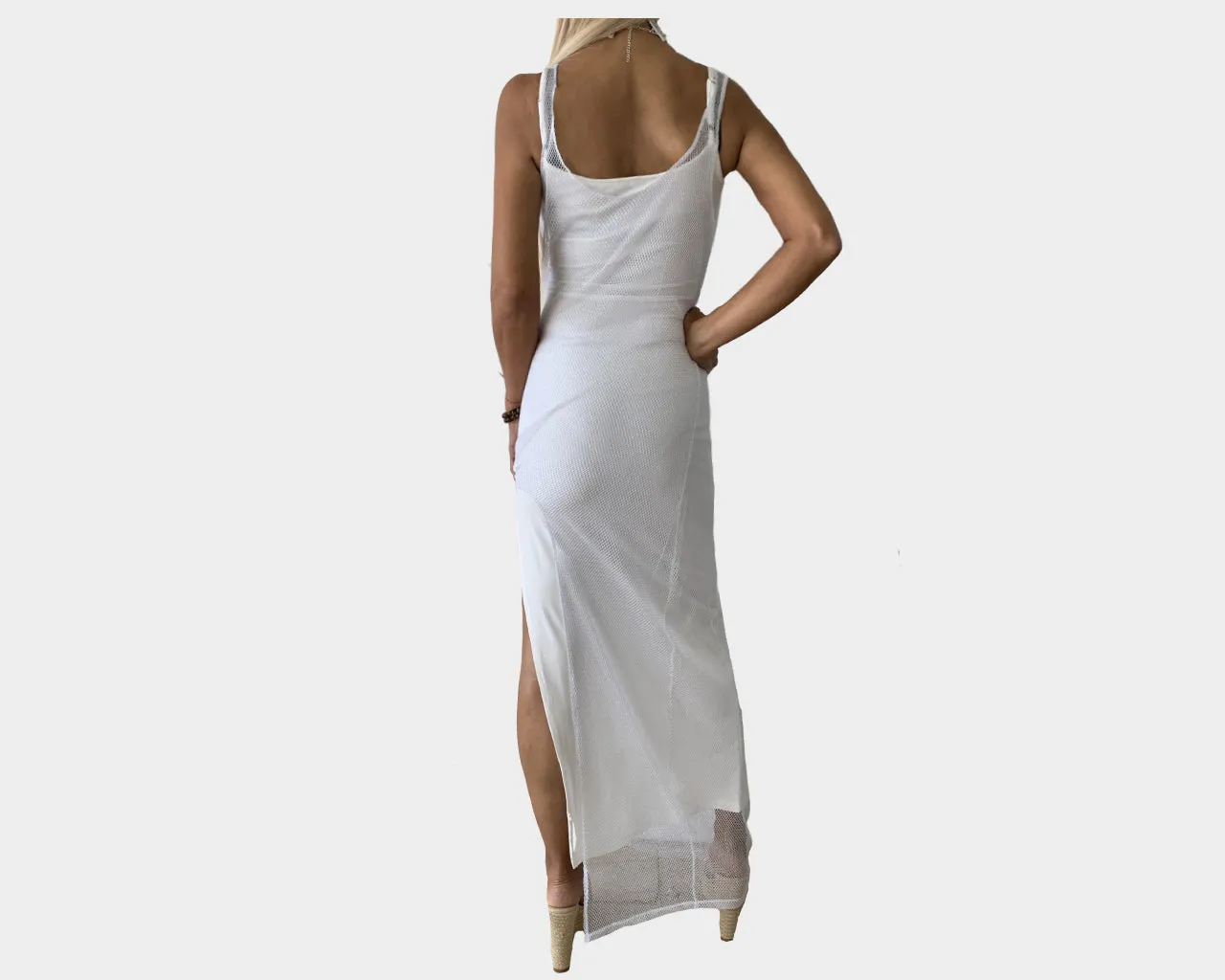 C.1 Side Slit Silver White Mesh Resortwear Statement Dress - The Ibiza