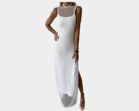 C.1 Side Slit Silver White Mesh Resortwear Statement Dress - The Ibiza