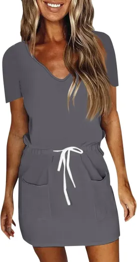 Casual Summer Dresses for Women 2025,Womens Fashion Summer Dress Lantern Sleeve Square Neck Tie Front Mini Beach Dresses
