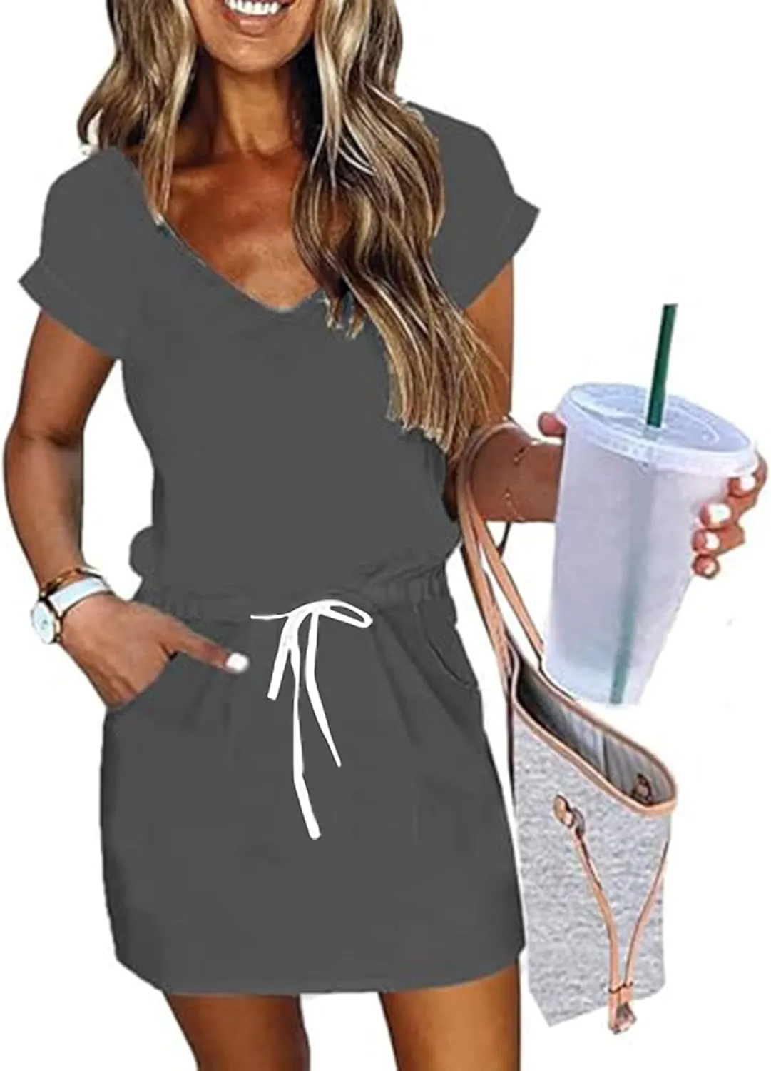 Casual Summer Dresses for Women 2025,Womens Fashion Summer Dress Lantern Sleeve Square Neck Tie Front Mini Beach Dresses
