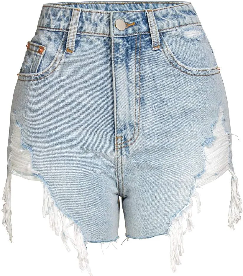 COMLIFE Women's Summer Holes Shorts Irregular Denim Shorts Tassels Denim Pants Mid Waisted Shorts