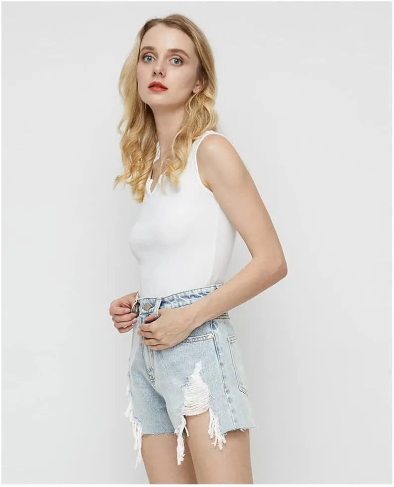 COMLIFE Women's Summer Holes Shorts Irregular Denim Shorts Tassels Denim Pants Mid Waisted Shorts