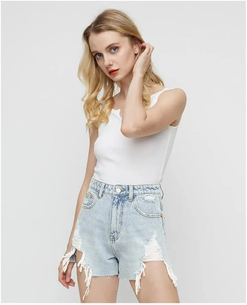 COMLIFE Women's Summer Holes Shorts Irregular Denim Shorts Tassels Denim Pants Mid Waisted Shorts